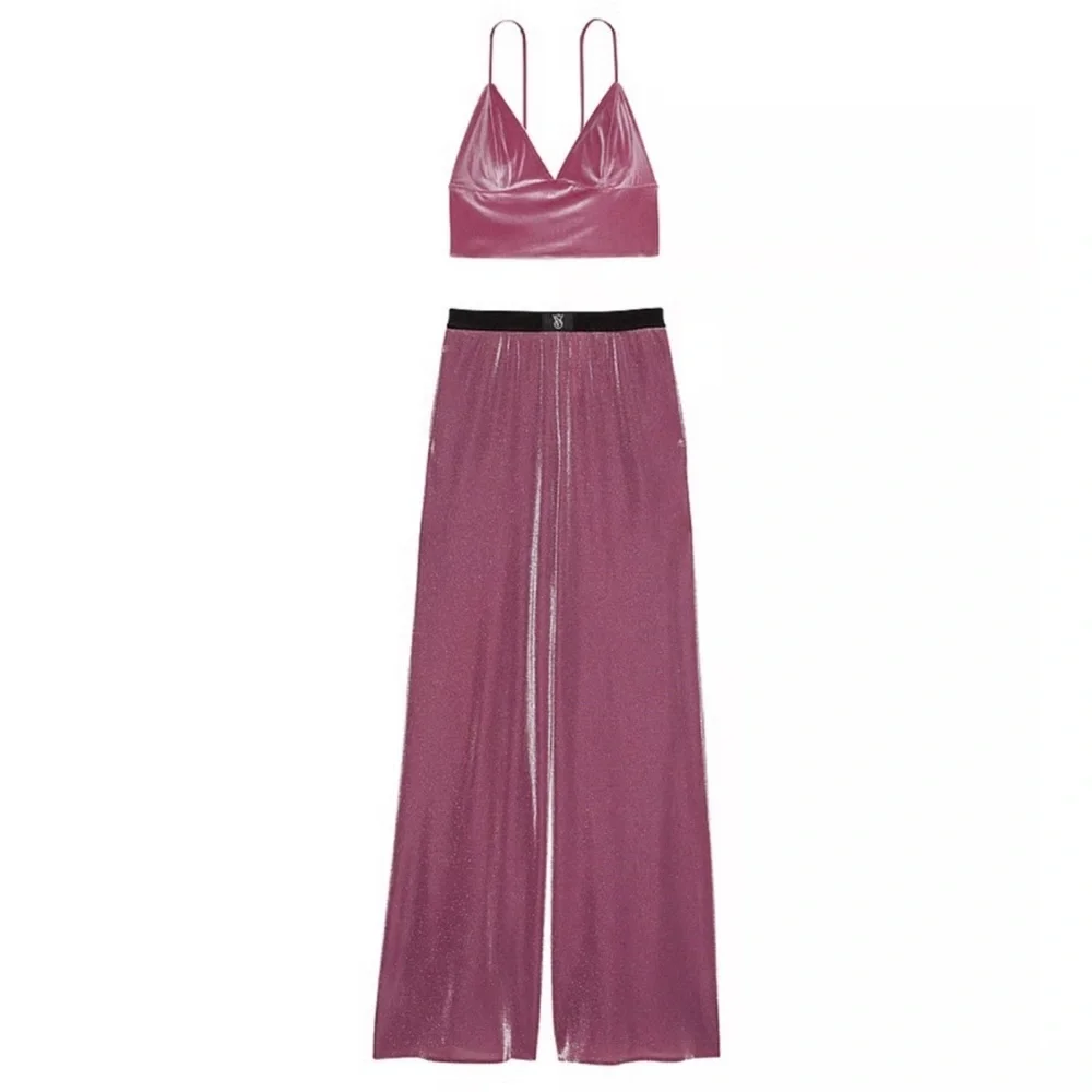 Metallic Mauve Bralette & Wide-Leg Pant Set - Women Intimates